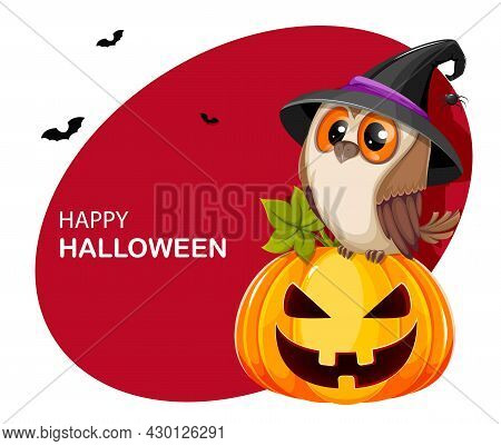 Happy Halloween Greeting Card. Cute Owl Sitting On Pumpkin Jack O Lantern With Creepy Face. Stock Ve