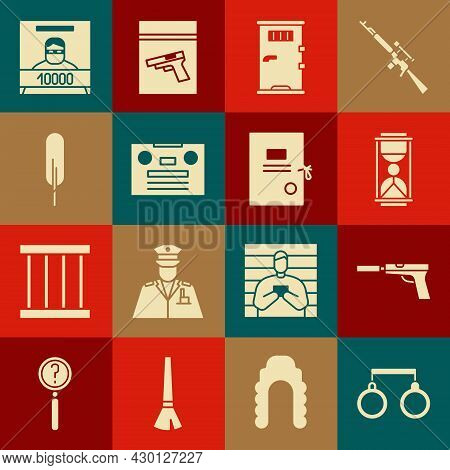 Set Handcuffs, Pistol Or Gun With Silencer, Old Hourglass Sand, Prison Cell Door, Retro Audio Casset