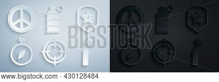 Set Target Sport, Police Badge, Compass, Dynamite Bomb Stick Clock, Hand Grenade And Peace Icon. Vec