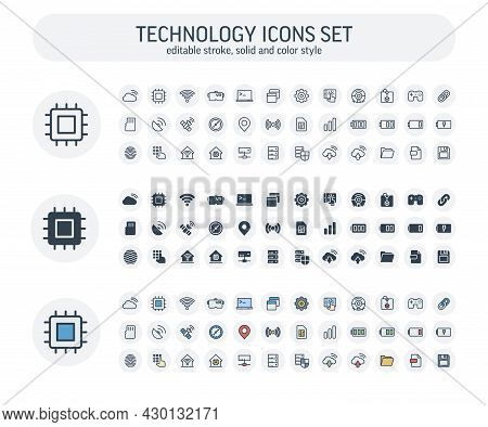 Vector Editable Stroke, Solid, Color Style Icons Set With Digital Technology, Computing Outline Symb