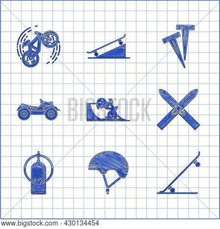 Set Bicycle On Street Ramp, Helmet, Skateboard, Ski And Sticks, Aqualung, All Terrain Vehicle Or Atv