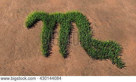 Concept conceptual green summer lawn grass symbol shape on brown soil or earth background, sign of scorpius zodiac sign. 3d illustration symbol for esoteric, the power of prediction of astrology