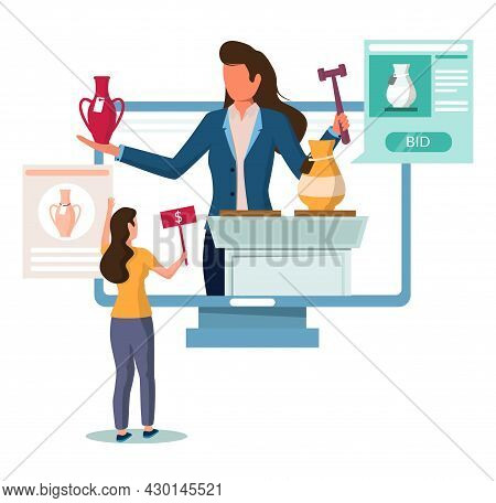 Auctioneer Selling Vintage Vase From Computer, Bidder Making Bids, Vector Illustration. Online Aucti