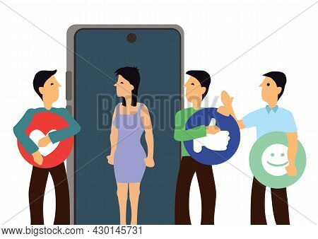 Young Woman Getting Likes And Loves From Guys In Social Networks. Man Leaving Comments And Likes For