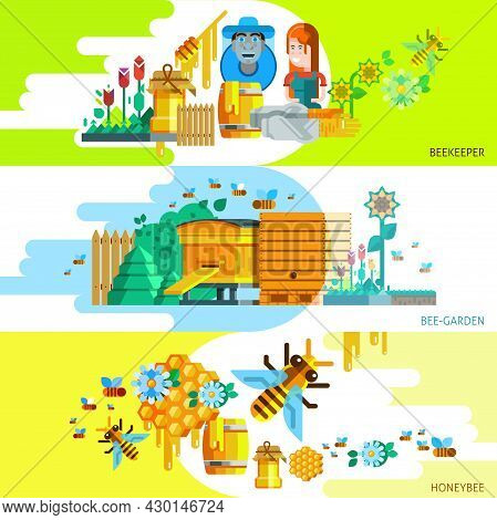 Colorful Beekeping Horizontal Banners With Beekeeper Garden And Honey Elements In Flat Style Vector 