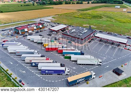 Trucks On Parking Near Gas Station, Shop Store And Mc Donalds Restaurant. Katy Wroclawskie, Poland -