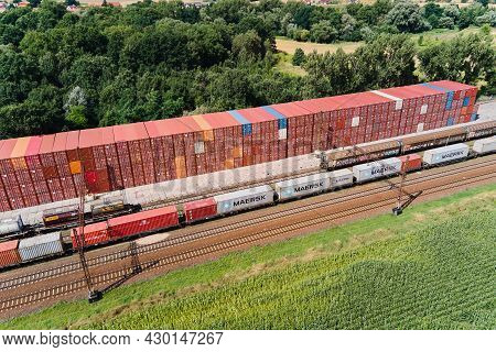 Containers On The Railway Platform. Business And Logistic Concept, Cargo Transit. Katy Wroclawskie, 