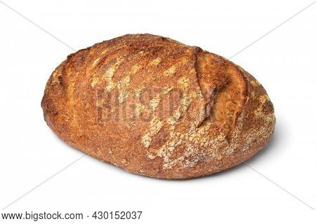 Single whole fresh baked German dinkel wheat bread isolated on white background
