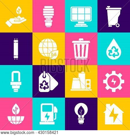 Set House And Lightning, Gear, Recycle Clean Aqua, Solar Energy Panel, Earth Globe Leaf, Fluorescent