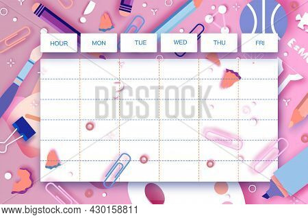School Weekly Timetable. School Equipment On Every Day. Kids Schedule, Weekly Curriculum Template, S