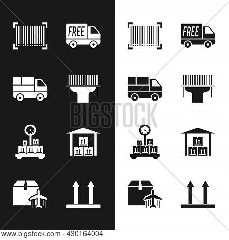 Set Scanner Scanning Bar Code, Delivery Truck With Boxes, Barcode, Free Delivery Service, Scale Card