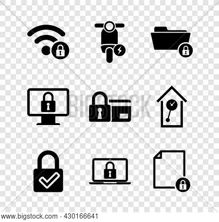 Set Wifi Locked, Electric Scooter, Folder And, Lock Check Mark, Laptop And Document Icon. Vector