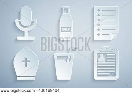 Set Glass With Water, Document, Pope Hat, Clipboard Resume, Bottle Milk And Cap And Microphone Icon.