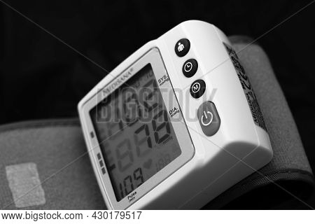 Close Up, Detail Of Blood Pressure Cuff Monitor Isolated. Digital Blood Pressure Measuring Device. B