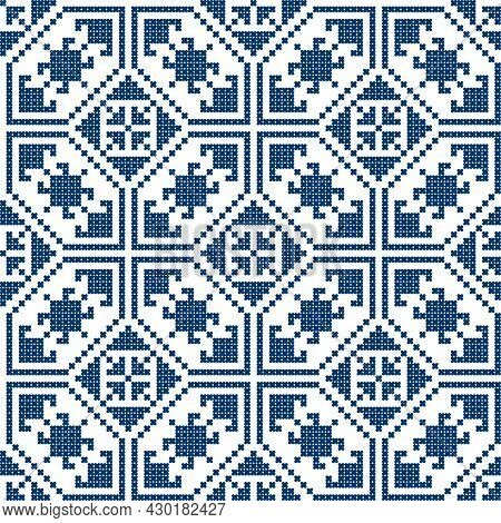 Zmijanjski Vez Embroidery Style Vector Folk Art Seamless Pattern - Textile Or Fabric Print Design Fr
