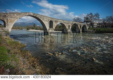Image Of Medieval Bridge Over River Arahthos In Arta, Greece