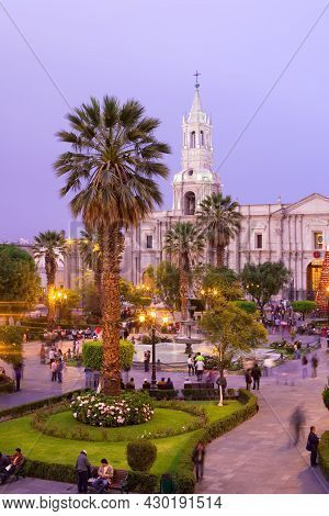 Arequipa, Provincia De Arequipa, Peru- January 28, 2014:  People At The Main Square With Arequipa Ca