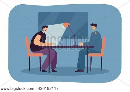 Police Officer Interrogating Criminal In Dark Room. Flat Vector Illustration. Suspect Sitting At Tab