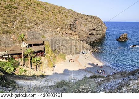 Atamaria, Cartagena, Spain- July 20, 2021:beautiful Cala Del Barco Cove In Atamaria, Cartagena Provi