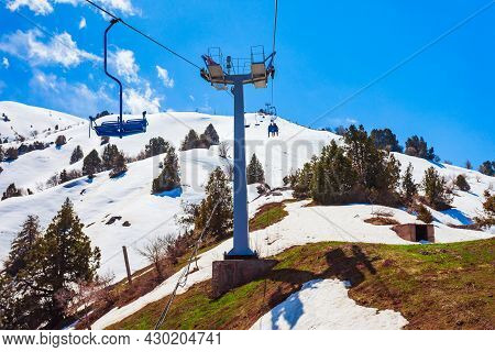 Cable Car To The Beldersay Mountain In Chimgan Region Near Taskent City In Uzbekistan In Spring