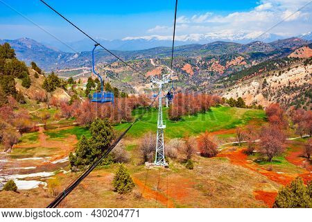 Cable Car To The Beldersay Mountain In Chimgan Region Near Taskent City In Uzbekistan In Spring