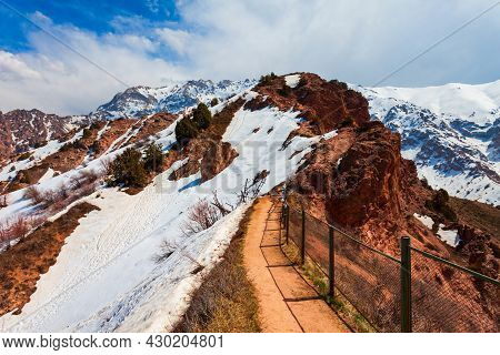 Chimgan Mountain In Tian Shan Range Near The Taskent City In Uzbekistan In Spring, View From Cable C