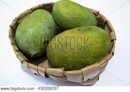 Delicious Mango Variety Called Langda Mango Indian Fresh Fruits Harvested And Put In Wicket Basket W
