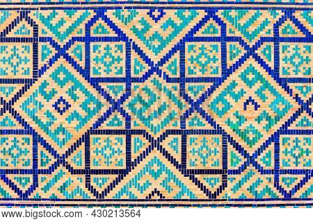 Registan Mosaic Pattern Design Background Of Ceramic Tiles Of Registan Madrasah In Samarkand City, U