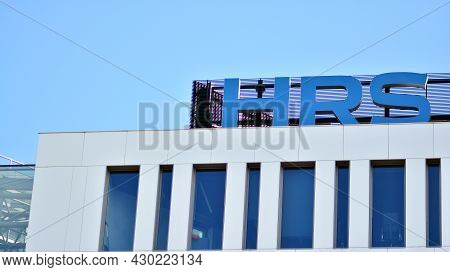 Warsaw, Poland. 18 August 2021. Sign Hrs Group. Company Signboard Hrs Group.