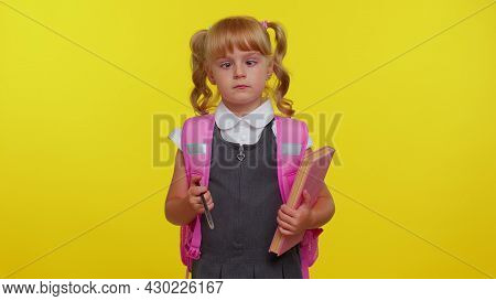 Smiling Funny Schoolgirl Wears Backpack, Making Humorous Face With Eyes Crossed, Playing Fool, Havin