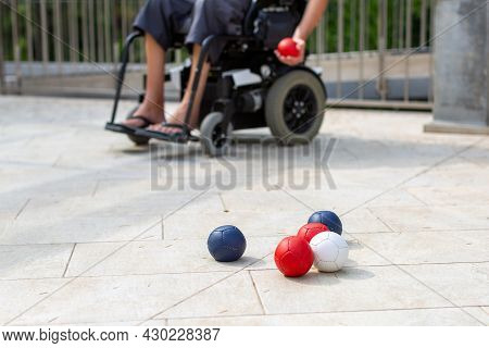 Disabled Boccia Player Playing On A Wheelchair