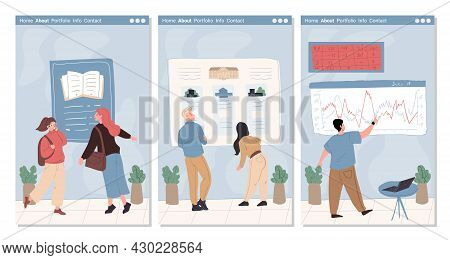 Vector Cartoon Flat Characters At Institute Bulletin Board, Trading Information Stand.people Examine