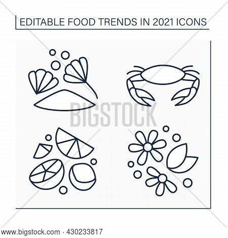 Food Trends Line Icons Set. Trendy Dishes. Herbal Tea, Chicory Drink, Hard Seltzer, Seafood Boils. N