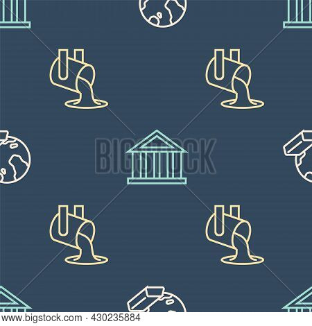 Set Line Gold Bars, Molten Gold Being Poured And Bank Building On Seamless Pattern. Vector