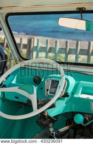 Formentera, Spain: 2021 August 17: Retro Citroen Mehari In Light Blue And White On Mijorn Beach In F
