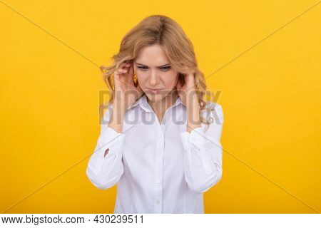 It Is Painful. Unhappy Girl Has Pain In Ears. Suffering From Earache. Ear Pain. Headache.