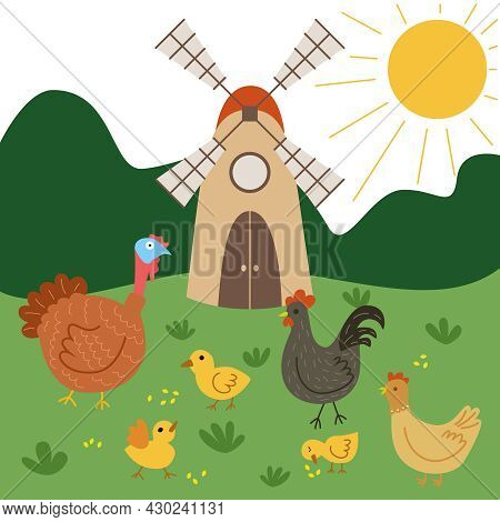 A Turkey, A Hen, A Rooster And Chickens Graze And Peck At Grain, With A Mill In The Background. Rura
