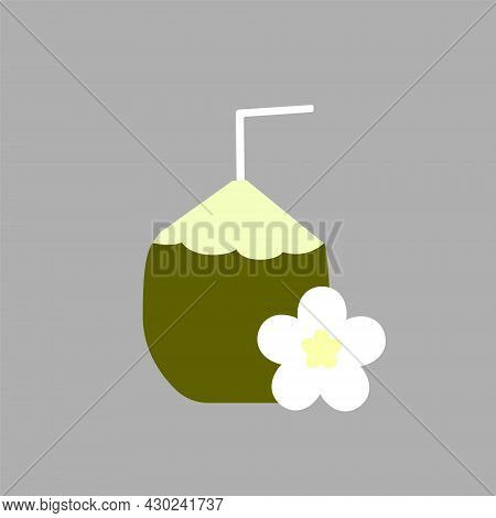 Coconut Cocktail With Straw And Flower Flat Icon. Coconut Milk. Maldives Drink. Exotic Vacation. Tro