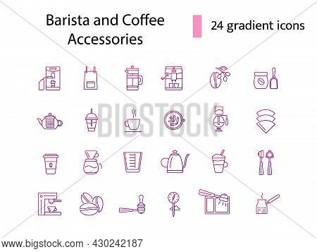 Coffee Making Appliance Line Icons Set. Apron, Scale, Measuring Cup. Coffee Sacs. Gradient Symbols C