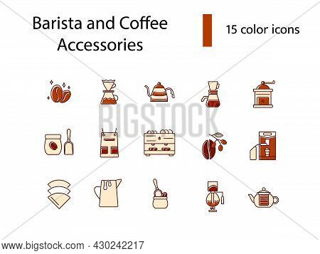Coffee And Barista Appliance Flat Icons Set. Roasted Beans. Big Professional Machine. Coffee Prepara