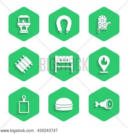 Set Bbq Brazier, Burger, Chicken Leg, Location With Fire Flame, Cutting Board, Grilled Pork Bbq Ribs