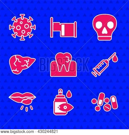 Set Tooth With Caries, Eye Drop Bottle, Medicine Pill Or Tablet, Syringe, Herpes Lip, Hepatitis Viru