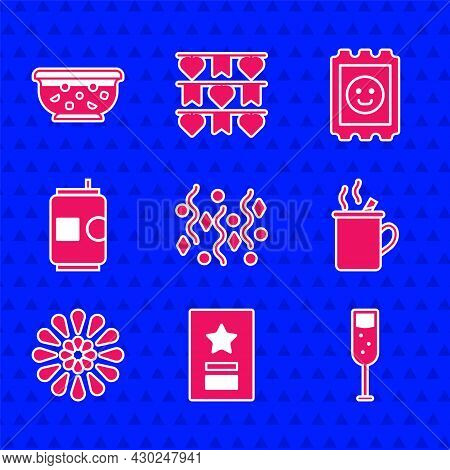 Set Festive Confetti, Greeting Card, Glass Of Champagne, Mulled Wine, Firework, Beer Can, Lsd Acid M