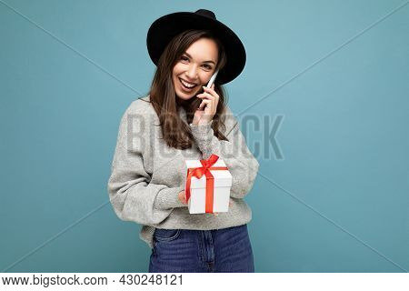Shot Of Attractive Happy Positive Funny Young Brunette Woman Isolated Over Blue Background Wall Wear