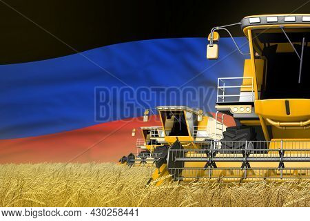 Three Yellow Modern Combine Harvesters With Donetsk Peoples Republic Flag On Farm Field - Close View