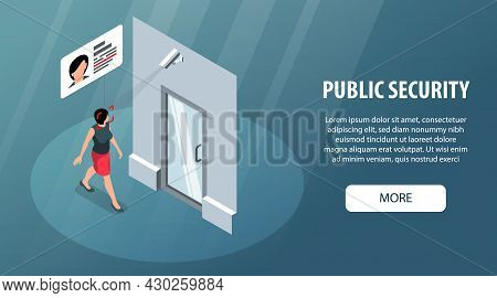Isometric Public Security Horizontal Banner With Door Camera Recognizing Womans Face And Editable Te