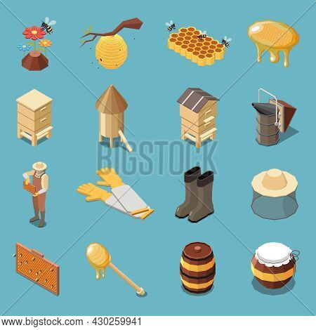 Apiary And Honey Production Isometric Set Of Different Hives Beekeepers Uniform Dipper Stick Piece O
