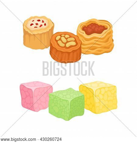 Oriental Sweets Set. Turkish Delight And Borma, East Cuisine Desserts Cartoon Vector Illustration