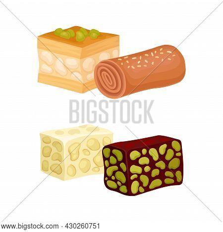 Oriental Sweets Set. Baklava And Mafruka, East Cuisine Desserts Cartoon Vector Illustration