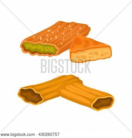 Oriental Sweets Set. East Cuisine Tasty Desserts Cartoon Vector Illustration